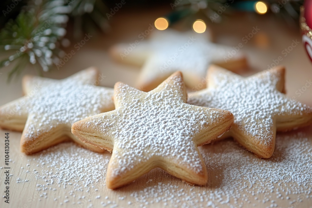 Star-shaped cookies dusted with powdered sugar on festive backdr Star-shaped cookies dusted with powdered sugar on festive backdr