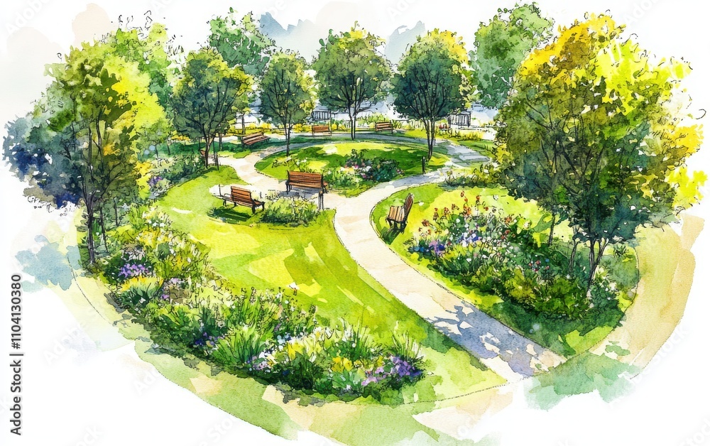Fototapeta premium A relaxing watercolor depiction of a circular garden with green grass and tall trees in the middle of an open space park.