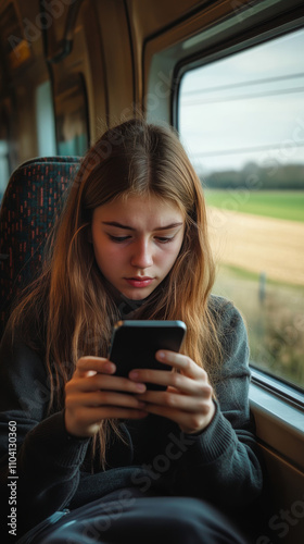 Girl on train checking her phone