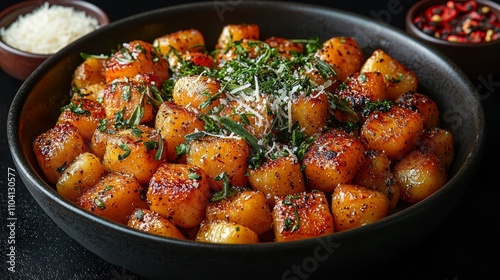  a bowl filled with roasted potatoes topped with parmesan cheese and herbs, sitting on a black surface The potatoes have a golden-brown hue, indicating that they ha