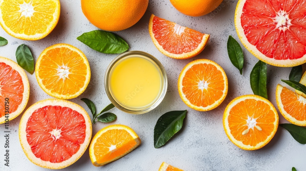 a white surface with several grapefruits and leaves, as well as a jar of grapefruit juice The oranges are cut in half, revealing their juicy, orange flesh, and the a white surface with several grapefruits and leaves, as well as a jar of grapefruit juice The oranges are cut in half, revealing their juicy, orange flesh, and the