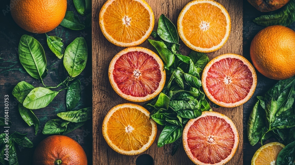 a wooden cutting board topped with sliced oranges and basil leaves The oranges are a vibrant orange color, while the basil leaves are a deep green The cutting boa a wooden cutting board topped with sliced oranges and basil leaves The oranges are a vibrant orange color, while the basil leaves are a deep green The cutting boa