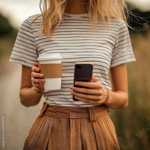 Woman with coffee cup and phone. photo