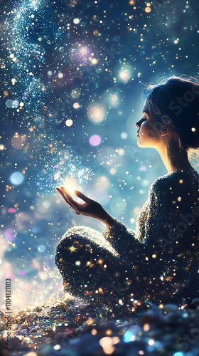 Wallpaper Mural Woman, girl sitting in meditation, lotus asana, silhouette on cosmic background, sky full of stars, dreamlike atmosphere, spiritual practice. Mental health, self care, prayer, mindfulness, well being Torontodigital.ca