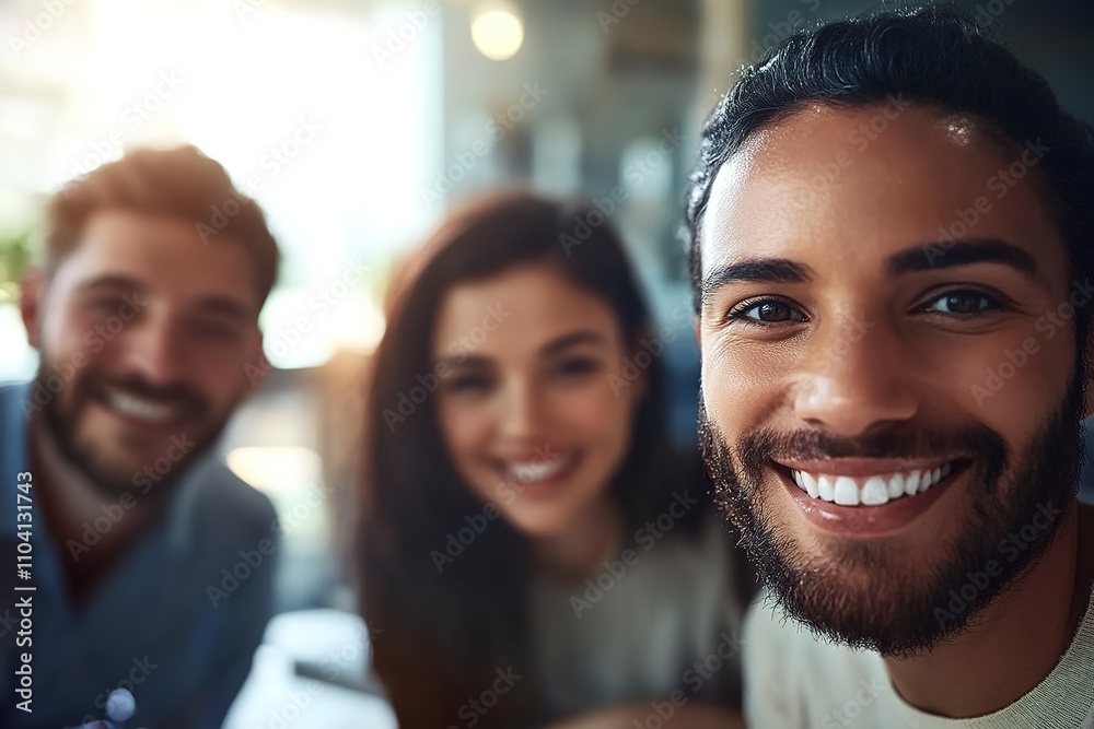 Obraz premium Smiling group of friends in casual attire indoors
