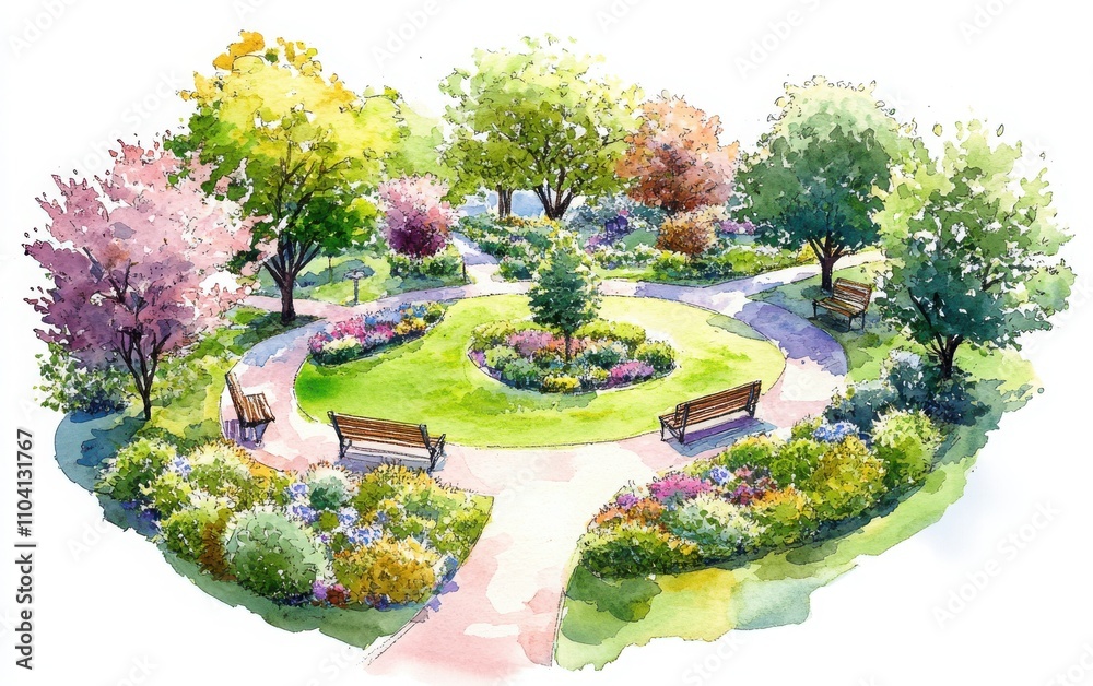 Obraz premium A watercolor-style illustration of a circular garden in an open park, showcasing vibrant green grass, trees, and colorful flowers.