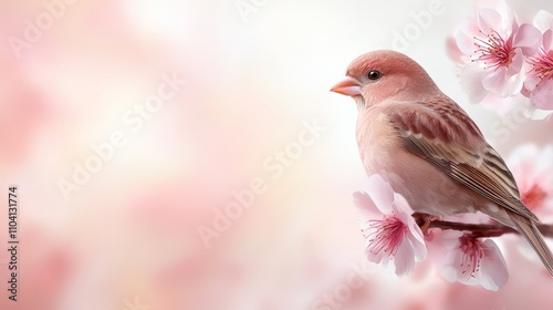  a small bird perched atop a branch of pink cherry blossoms, with a blurred background