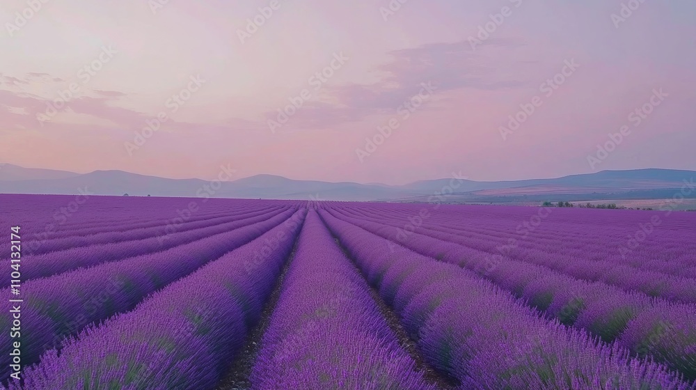 A graceful lavender field under a soft purple sky, aerial shot, Minimalist style A graceful lavender field under a soft purple sky, aerial shot, Minimalist style