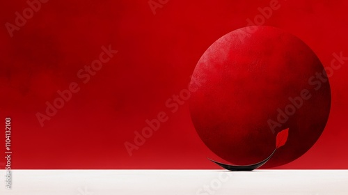  a red sphere with a leaf on top of it, sitting on a white surface The background is a deep red color, creating a striking contrast with the vibrant hue of the sphe photo