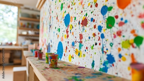 A close-up of colorful paint splatters on a workshop wall full of creative energy photo