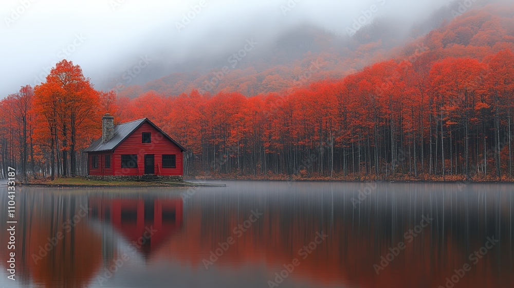 A serene red cabin by a calm lake surrounded by vibrant autumn foliage.