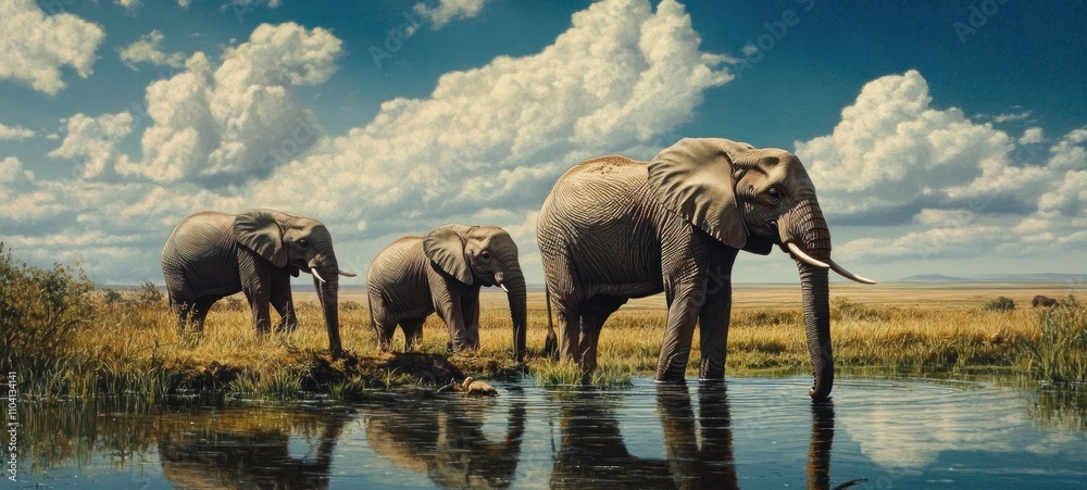 Fototapeta premium African Elephants at Watering Hole: A Serene Savanna Scene