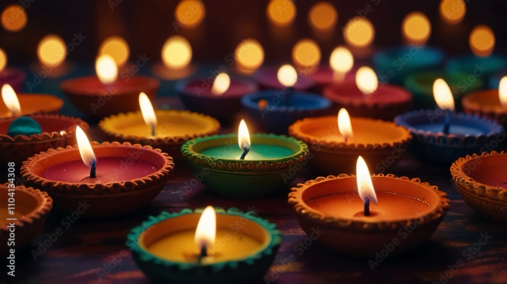 Celebrate the joyous festival of Diwali with a stunning background featuring colorful clay diya lamps, symbolizing the triumph of light over darkness. Choose from a range of styles and variations to c Celebrate the joyous festival of Diwali with a stunning background featuring colorful clay diya lamps, symbolizing the triumph of light over darkness. Choose from a range of styles and variations to c