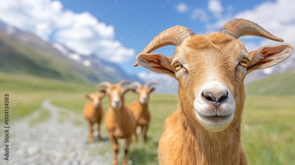 a group of brown goats standing on top of a lush green field with mountains in the background and a clear blue sky above a group of brown goats standing on top of a lush green field with mountains in the background and a clear blue sky above