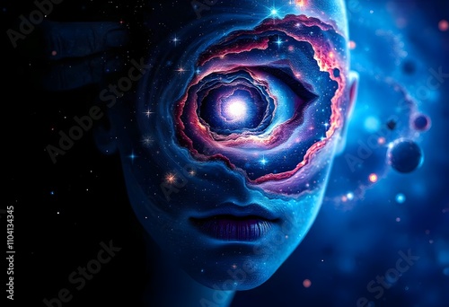 Human face changing into a swirling galaxy