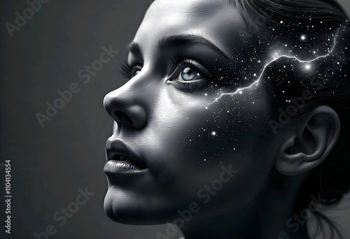 Human face changing into a swirling galaxy