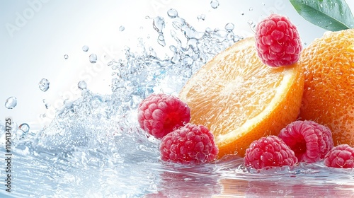  an orange and raspberries with water splashing around them, creating a vibrant and colorful display The oranges are a bright orange color, while the rasberries are