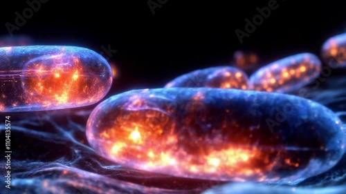 Close-up of glowing bacteria-like microorganisms in a fluidic medium photo