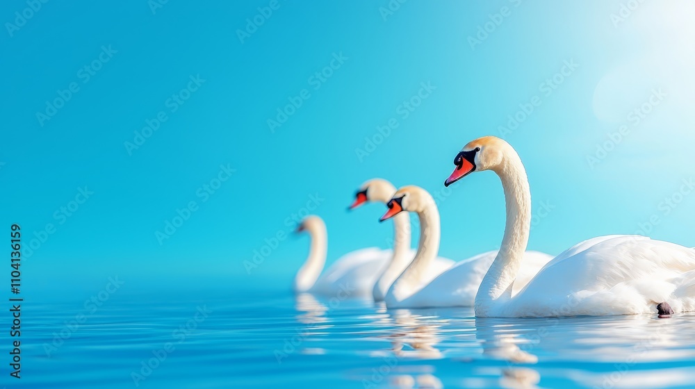 Fototapeta premium three white swans swimming in the water with their beaks open, creating a peaceful and serene atmosphere The swans are gliding gracefully through the water, their