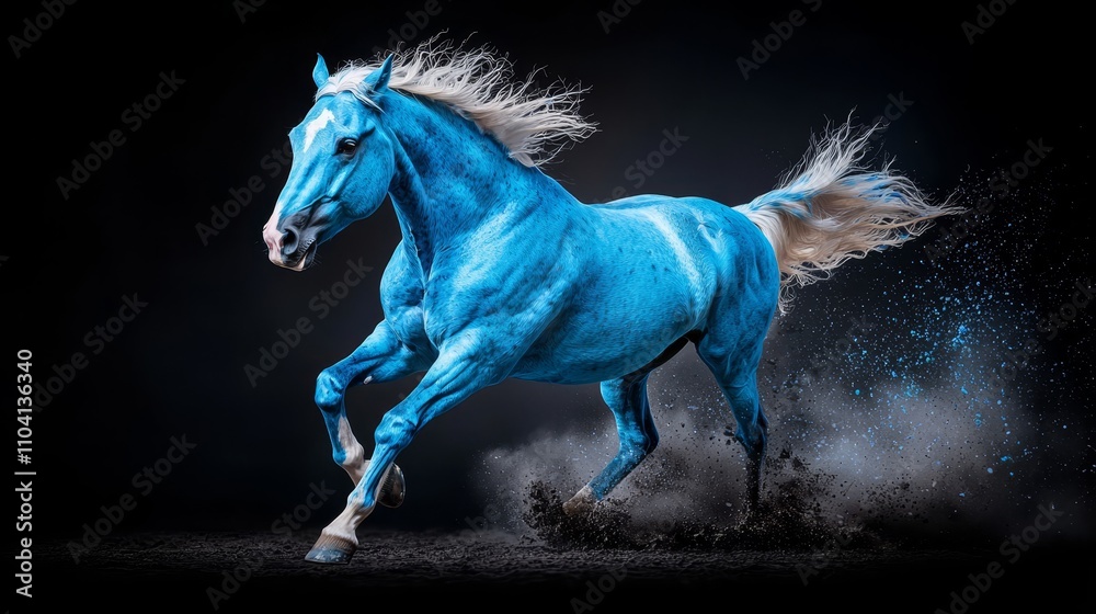 a beautiful blue horse galloping through the air on a black background, its mane and tail flowing in the wind a beautiful blue horse galloping through the air on a black background, its mane and tail flowing in the wind