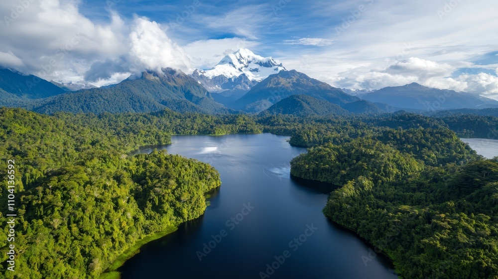 a large body of water surrounded by lush green trees and snow-capped mountains in the background, with a sky full of clouds a large body of water surrounded by lush green trees and snow-capped mountains in the background, with a sky full of clouds