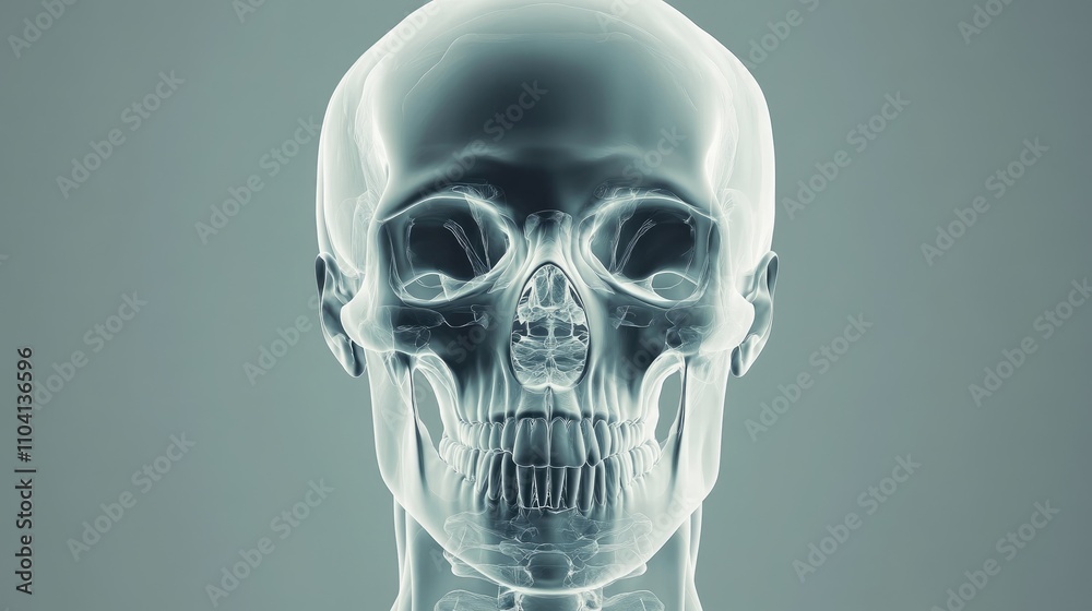 X-ray head scan, showing cranium and facial bones, 3D illustration X-ray head scan, showing cranium and facial bones, 3D illustration