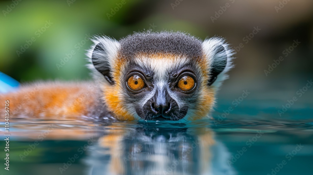 Obraz premium a ring-tailed lemur swimming in the water with its head above the surface, its fur a mix of brown, white, black and orange The background is blurred, giving the le