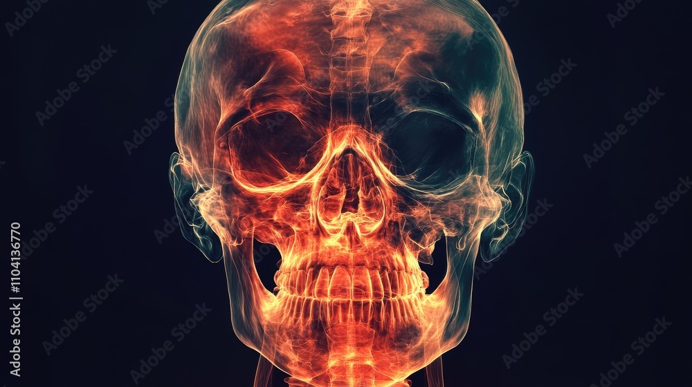 X-ray head scan, showing cranium and facial bones, 3D illustration X-ray head scan, showing cranium and facial bones, 3D illustration