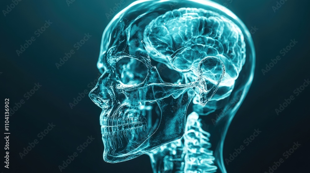 X-ray head scan, showing cranium and facial bones, 3D illustration X-ray head scan, showing cranium and facial bones, 3D illustration
