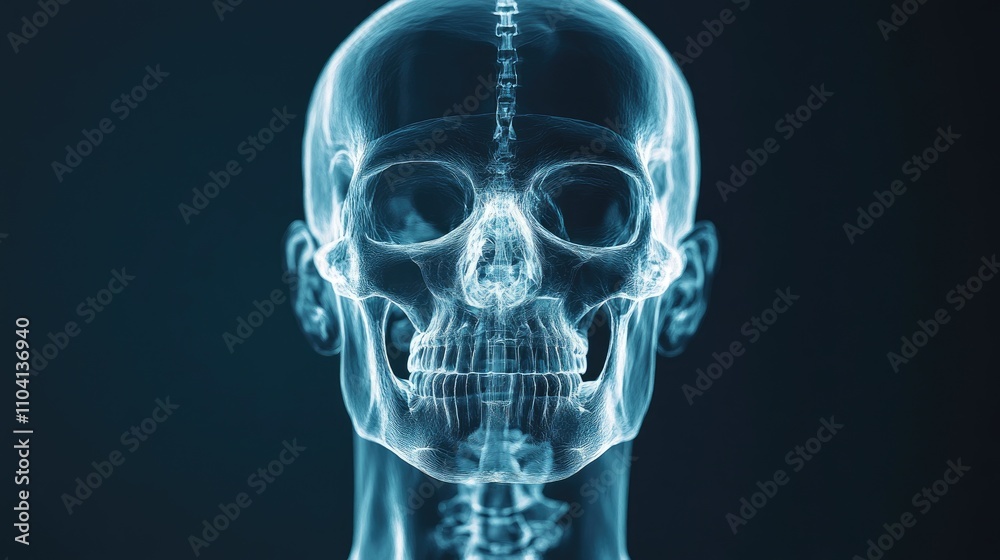 X-ray head scan, showing cranium and facial bones, 3D illustration X-ray head scan, showing cranium and facial bones, 3D illustration