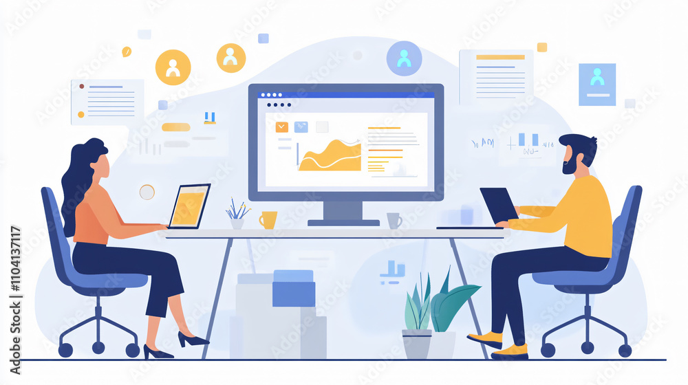 Illustration Virtual Team Leader Male and Female Business Facilitating Collaborative Workflow with Advanced Digital Tools