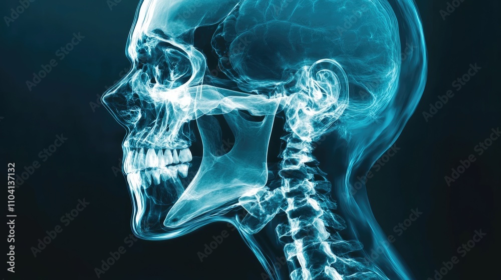 X-ray head scan, showing cranium and facial bones, 3D illustration X-ray head scan, showing cranium and facial bones, 3D illustration