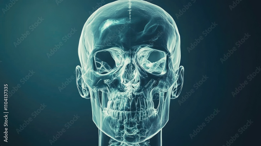 X-ray head scan, showing cranium and facial bones, 3D illustration X-ray head scan, showing cranium and facial bones, 3D illustration