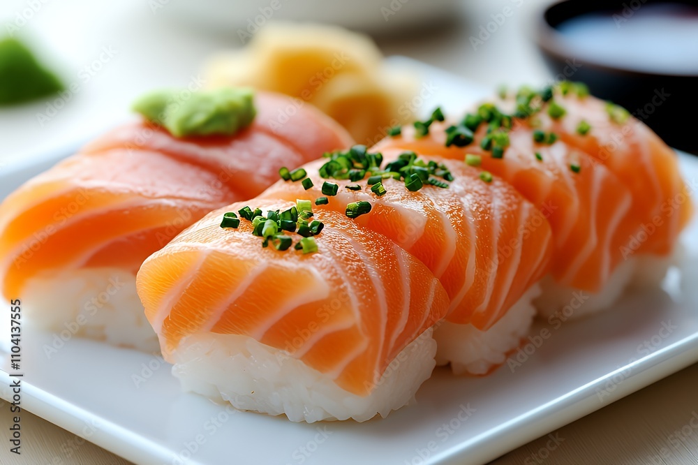 A plate of sushi featuring salmon slices, garnished with wasabi and chives. A plate of sushi featuring salmon slices, garnished with wasabi and chives.