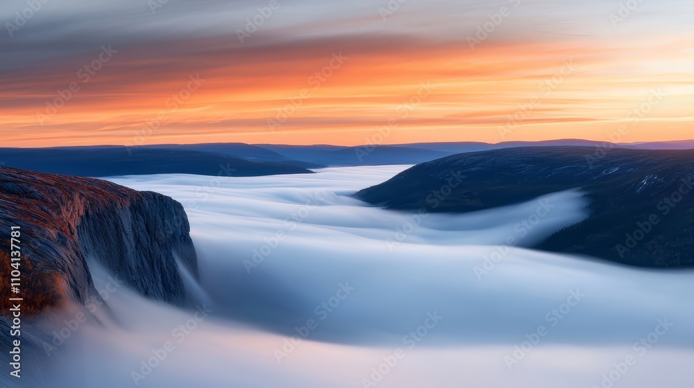 a majestic waterfall cascading down a rocky cliff in the middle of a snowy mountain range at sunset, with the sky in the background illuminated in a beautiful array