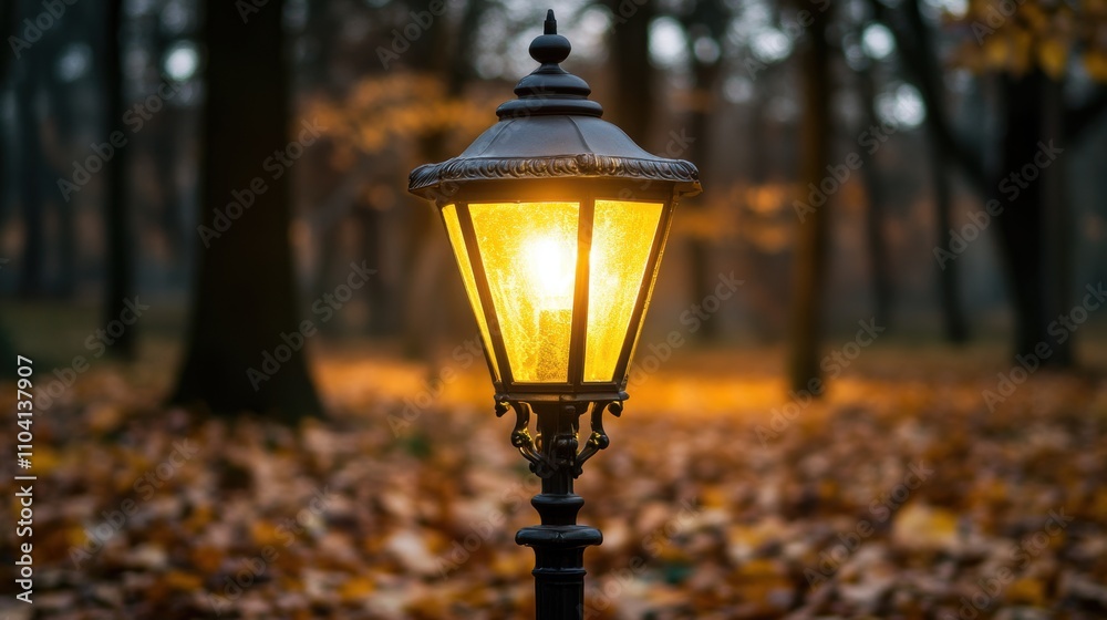 Lit lamp post in autumn park. Lit lamp post in autumn park.