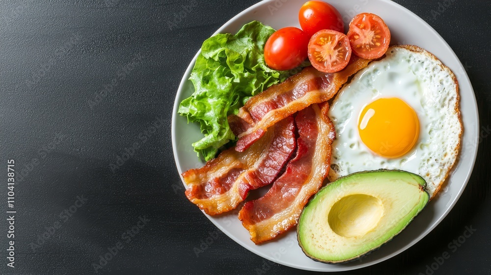 a plate with a fried egg, bacon and avocado on it The plate is white and the food is arranged in an aesthetically pleasing way The egg is cooked sunny-side up, th a plate with a fried egg, bacon and avocado on it The plate is white and the food is arranged in an aesthetically pleasing way The egg is cooked sunny-side up, th