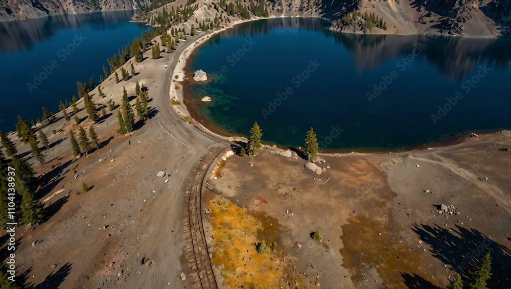 Fototapeta premium Aerial photography of the tracks at Crater Lake.