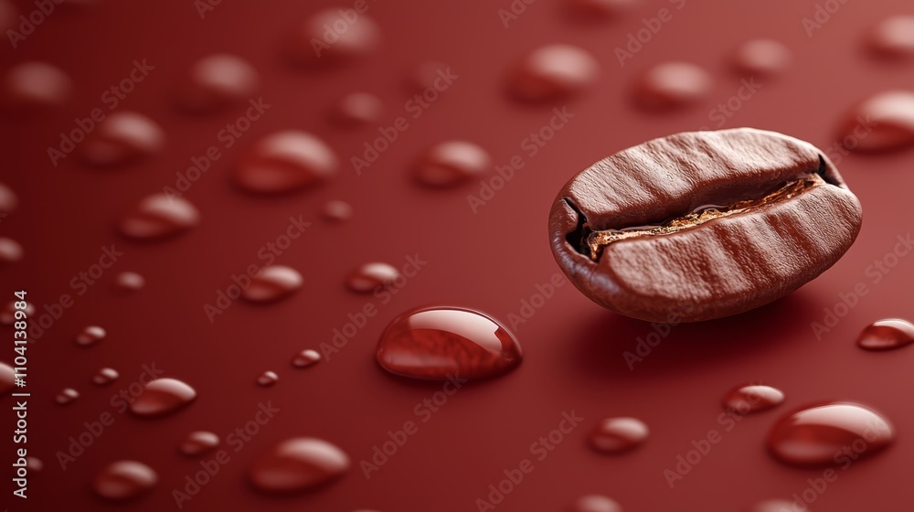 a coffee bean with water droplets on it, set against a vibrant red background The coffee bean is the focus of the image, with the droplets glistening in the light, a coffee bean with water droplets on it, set against a vibrant red background The coffee bean is the focus of the image, with the droplets glistening in the light,