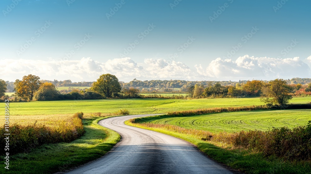 a country road winding through a lush green field, with plants and trees on either side The sky in the background is filled with white, fluffy clouds a country road winding through a lush green field, with plants and trees on either side The sky in the background is filled with white, fluffy clouds