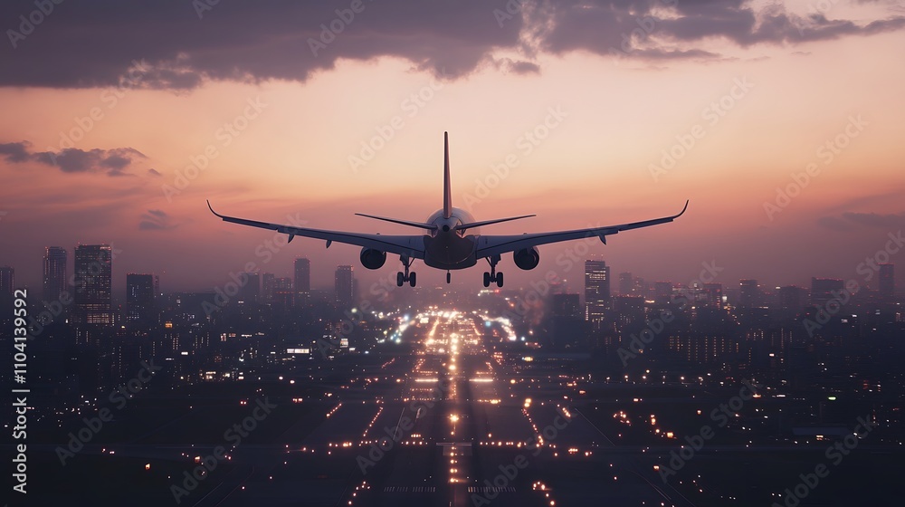 Tourist plane descending into vibrant city adorned with cinematic elegance. Tourist plane descending into vibrant city adorned with cinematic elegance.