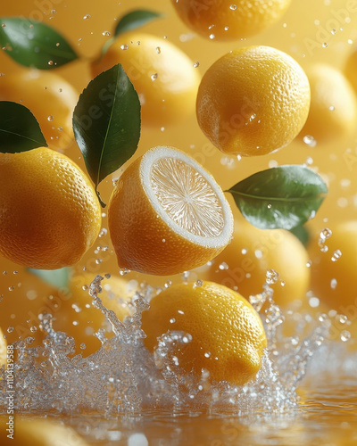 Fresh lemons with vibrant green leaves splashing into clear water against a yellow backdrop. The refreshing citrus imagery captures the essence of summer, evoking a sense of vitality and freshness. photo