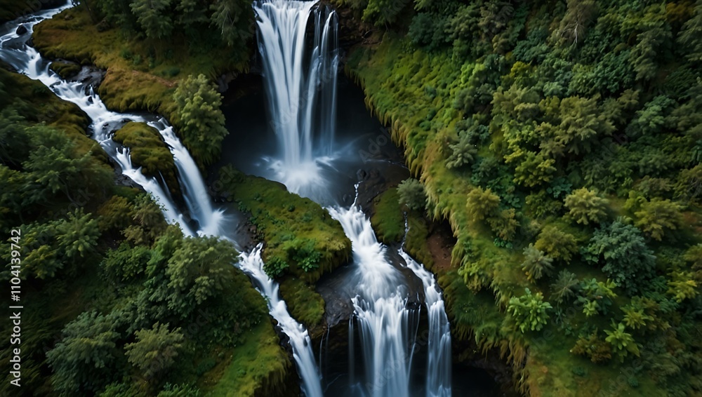Obraz premium Aerial shot of a waterfall flowing over geometric terraces.