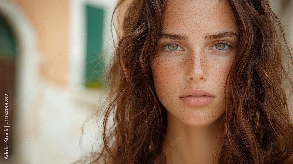 a woman with long brown hair and freckles on her face, set against a blurred background a woman with long brown hair and freckles on her face, set against a blurred background