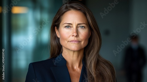  a woman in a business suit standing in front of a window, with a blurred background She appears to be a lawyer, as indicated by her professional attire