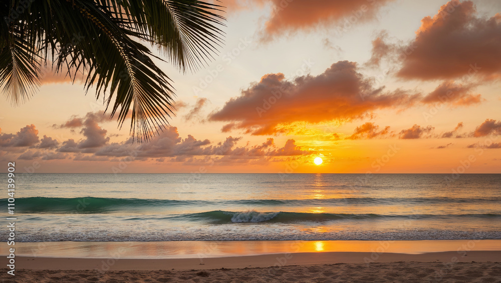 Sunset Beach Scene Framed by Silhouetted Palm Leaves Sunset Beach Scene Framed by Silhouetted Palm Leaves