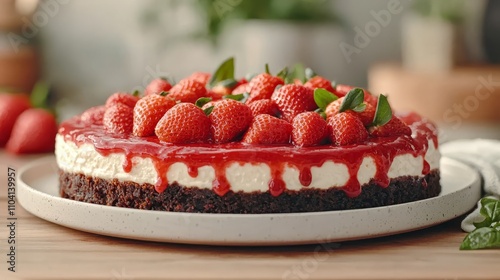  a delicious strawberry cheesecake on a plate with fresh strawberries on top The plate is sitting on a table with a cloth draped over it, and there are leaves scatt photo