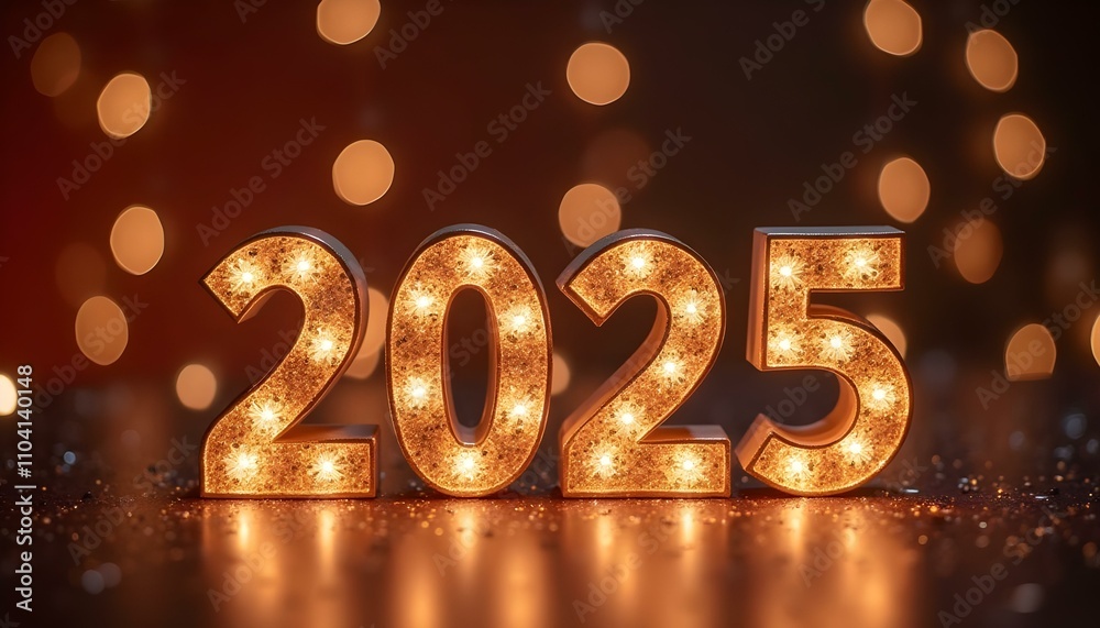 2025 Happy new year 3D design with lights and pearls also with beautiful shimmer
