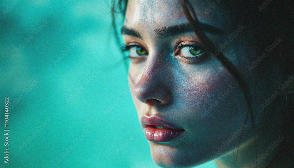 Portrait, young woman, intense gaze, close-up, dramatic lighting, teal background, high contrast, cinematic, moody atmosphere, sharp focus, vibrant colors, ethereal glow, futuristic aesthetic Portrait, young woman, intense gaze, close-up, dramatic lighting, teal background, high contrast, cinematic, moody atmosphere, sharp focus, vibrant colors, ethereal glow, futuristic aesthetic
