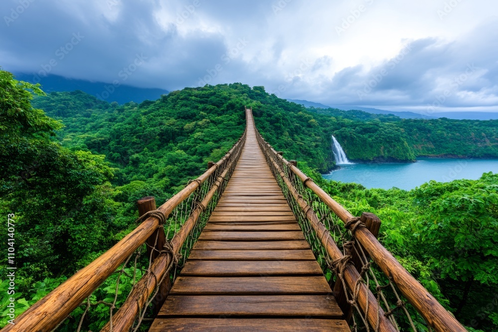 A wooden rope bridge swaying over a jungle canyon, with dense greenery and a waterfall in the distance A wooden rope bridge swaying over a jungle canyon, with dense greenery and a waterfall in the distance